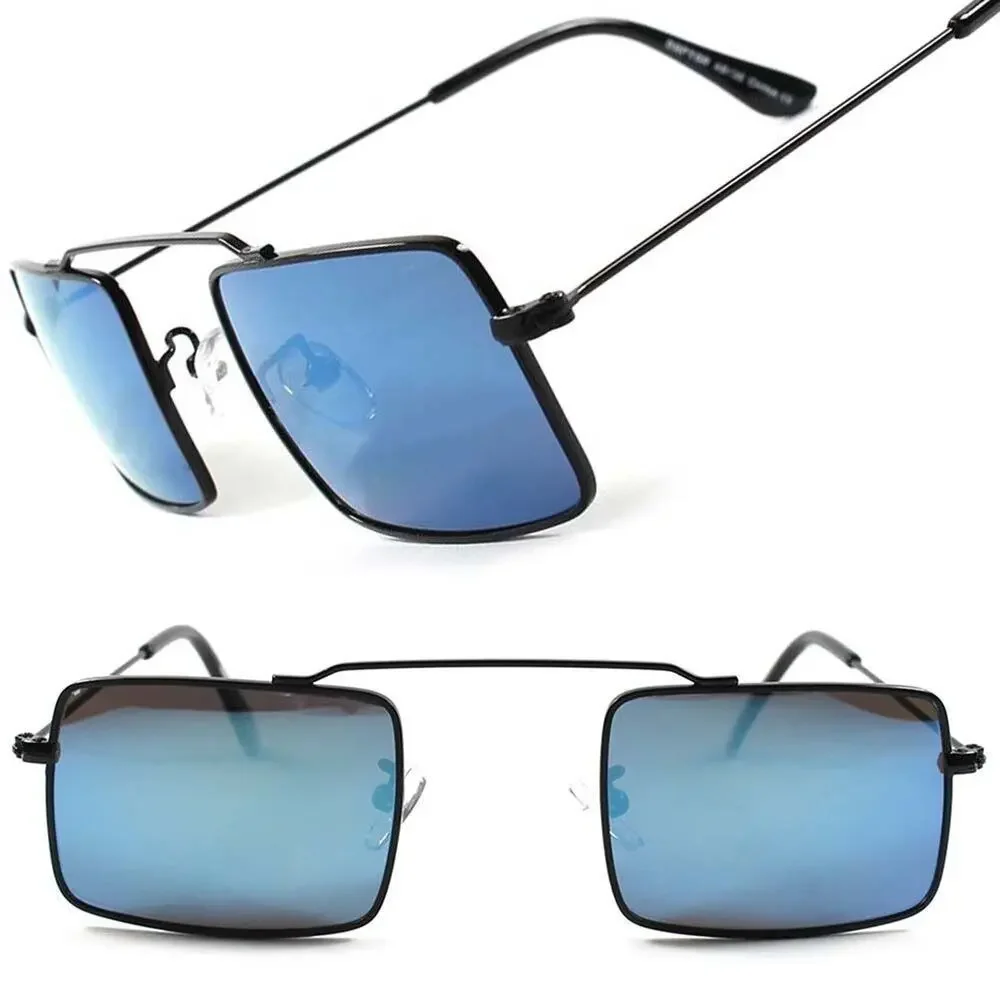 Black Rectangle Sunglasses Blue Mirrored Gradient Lens